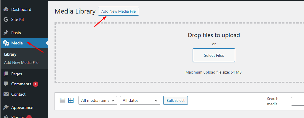 Click on ‘Media’ in the left menu, then select ‘Add New’ to upload your GIF file.