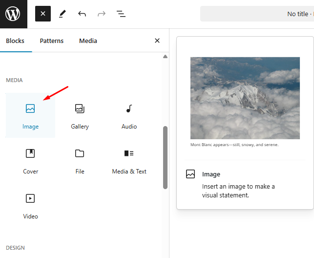 Click the + button and choose ‘Image’ to add an image block.